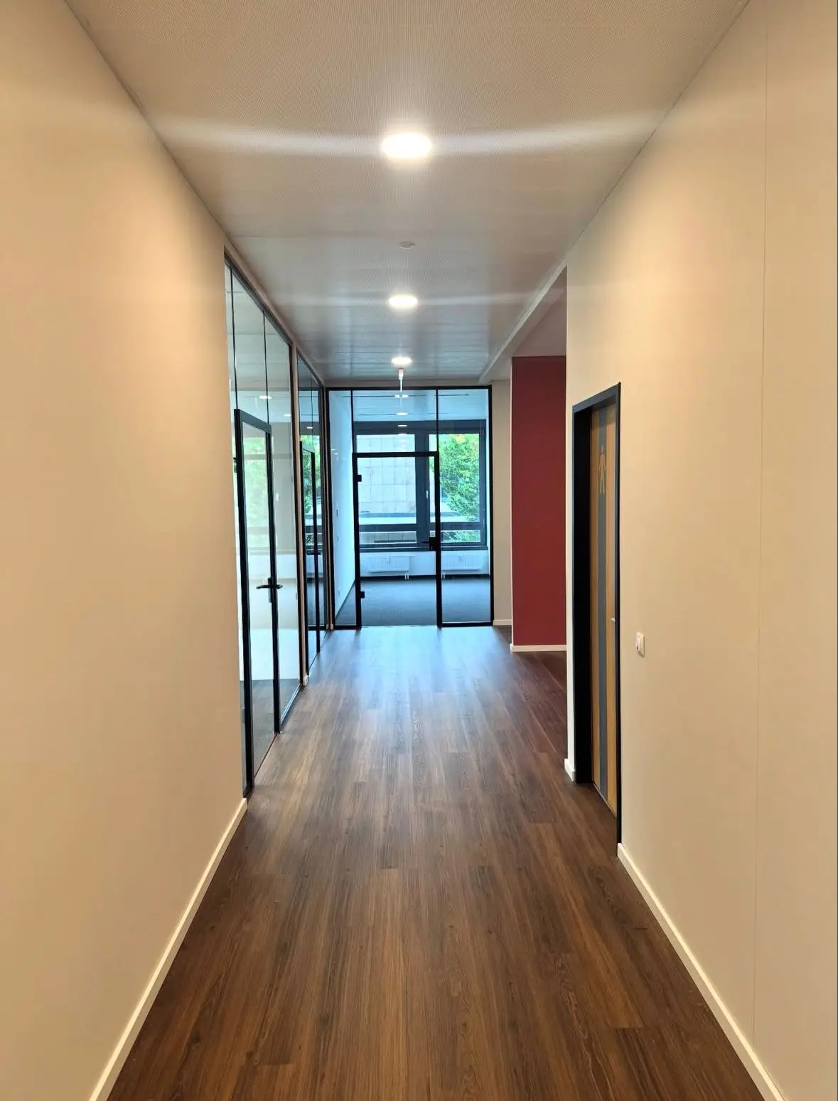 Bürogang mit Glastrennwänden und roter Akzentwand